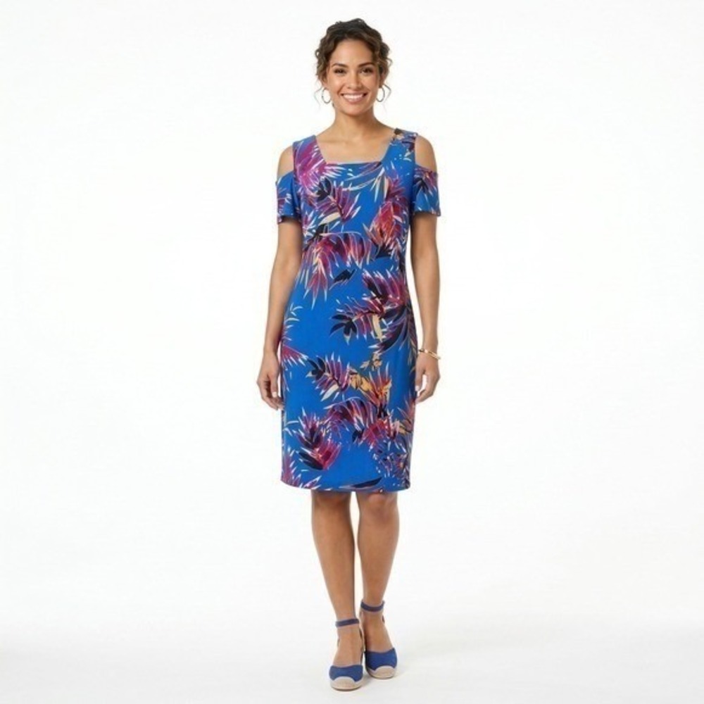 Calvin Klein Women Blue Tropical Leaf Cold Shoulder Sheath Dress‎ Size 6